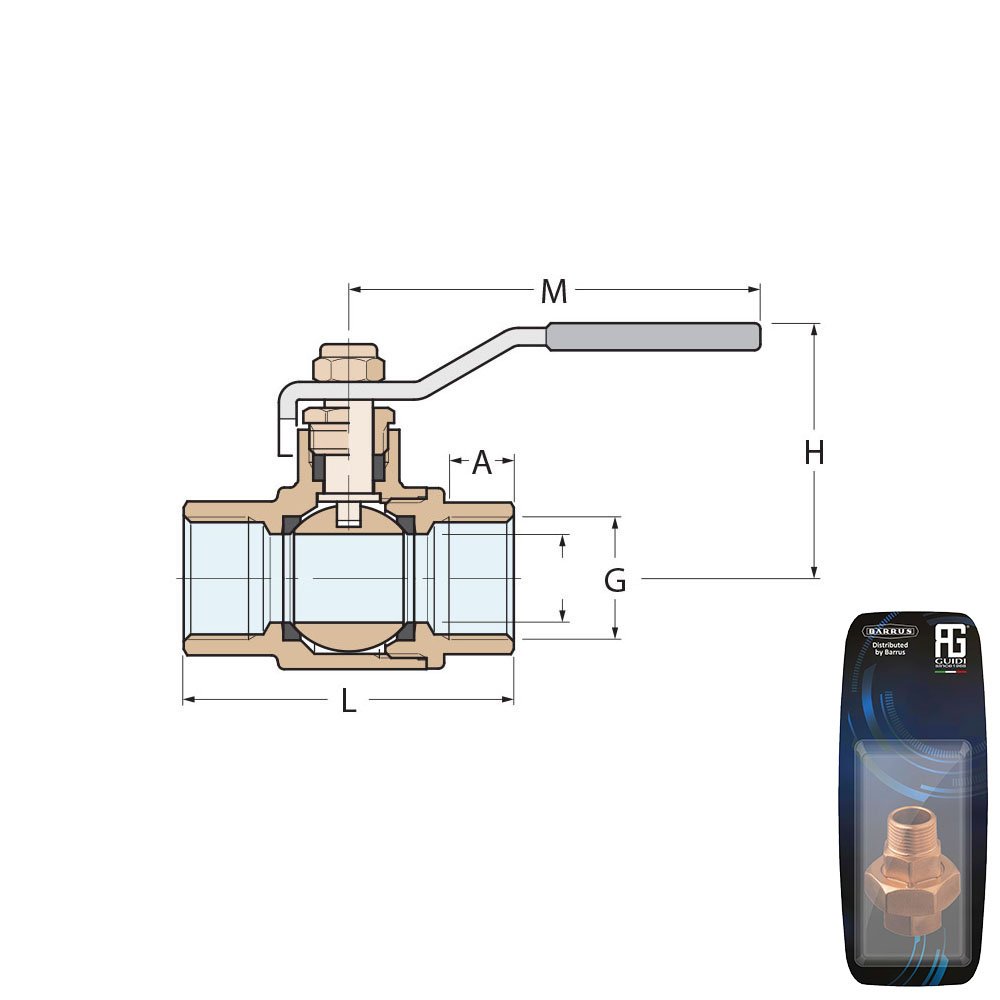 Technical Diagram: Guidi Bronze Lever Ball Valve F-F 3/8 in - Retail Packed Technical Diagram: Guidi Bronze Lever Ball Valve F-F 3/8 in - Retail Packed
