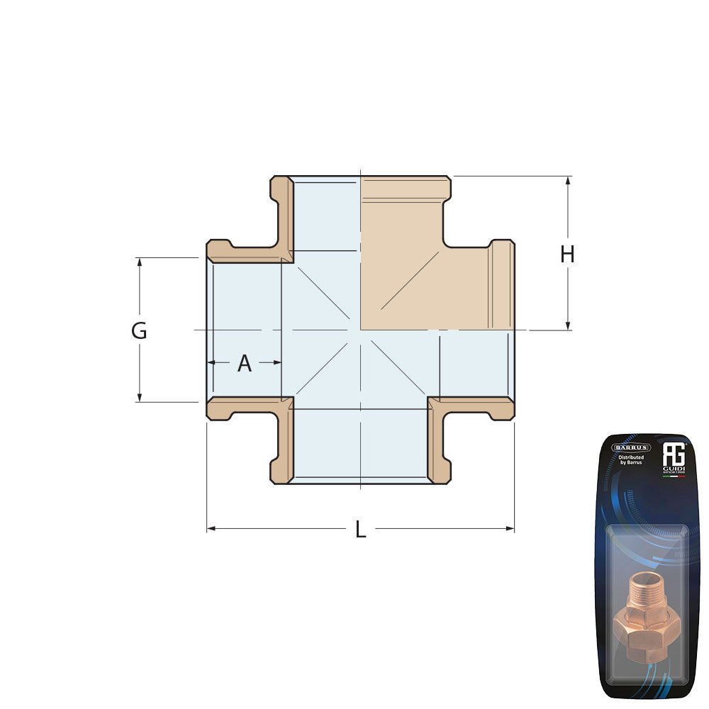 Technical Diagram: Guidi Brass Equal Cross Female Fitting 3/4 in - Retail Pack Technical Diagram: Guidi Brass Equal Cross Female Fitting 3/4 in - Retail Pack