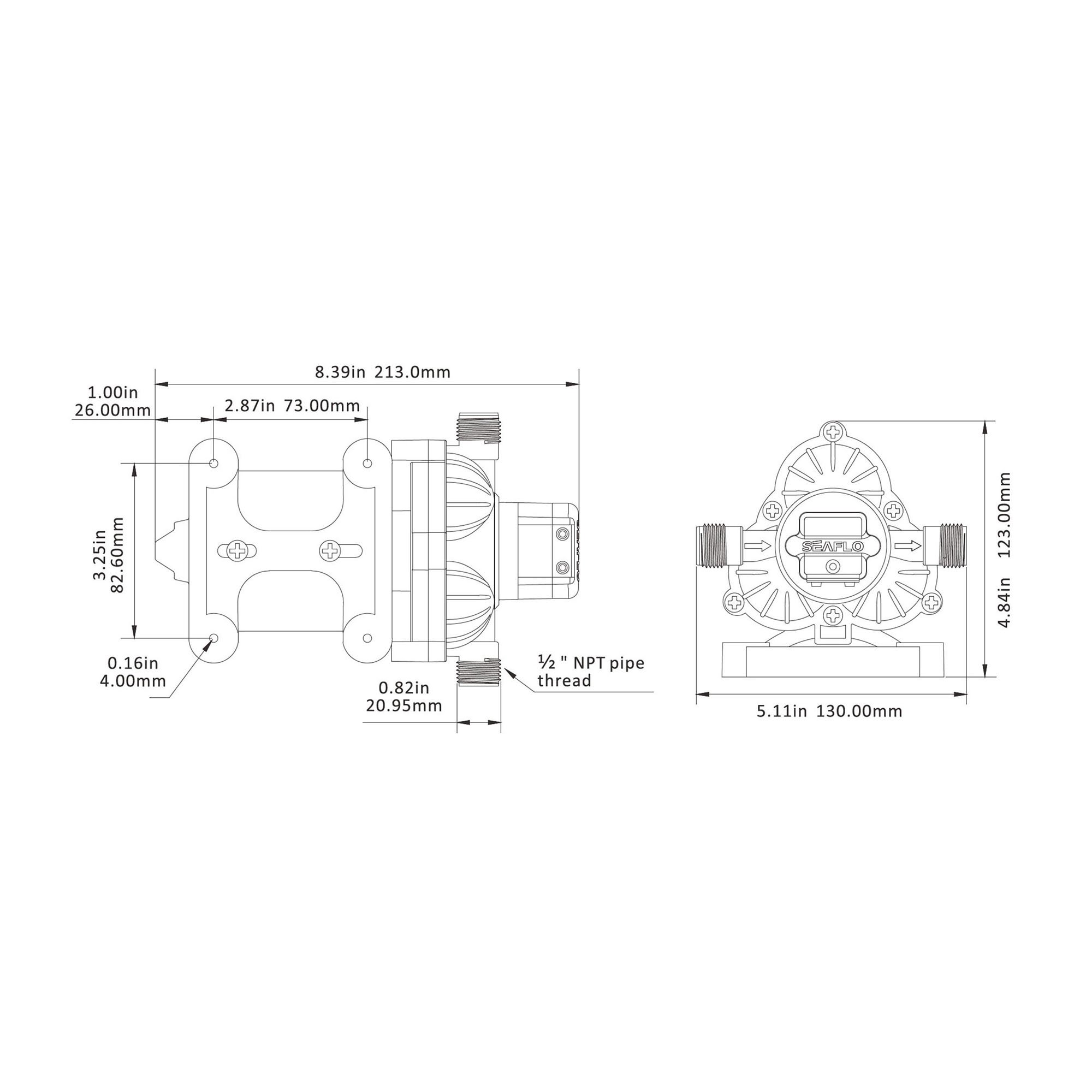 Technical Diagram: Seaflo Water Pressure Pump - 33 Series   12V   2.8 GPH / 0.6 LPH