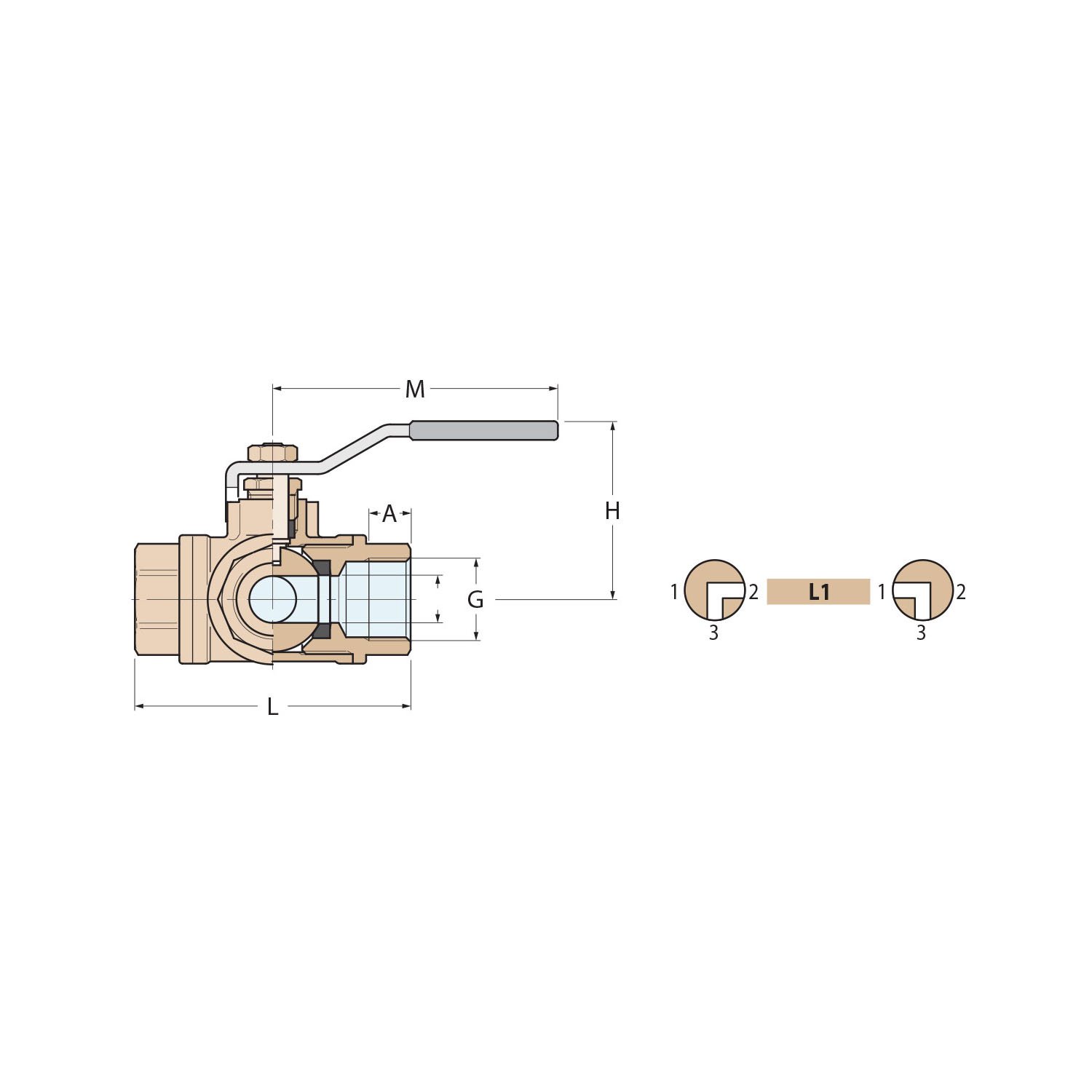 Technical Diagram: Guidi Nickel Plated Brass 3 Way in L in Ball Valve F-F-F - PN32 - 1 in 1/4 Technical Diagram: Guidi Nickel Plated Brass 3 Way in L in Ball Valve F-F-F - PN32 - 1 in 1/4