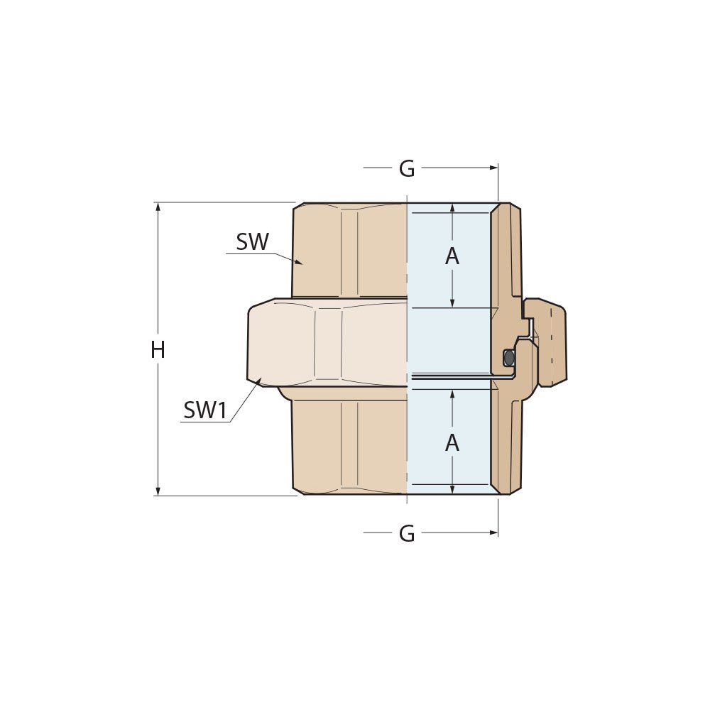 Technical Diagram: Guidi Brass Union F-F Tappered Seat & O-Ring 1 1/2 in