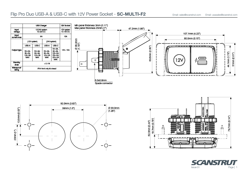Technical Diagram: Scanstrut Flip Pro Duo - Usb-A/C & 12V Power Socket Technical Diagram: Scanstrut Flip Pro Duo - Usb-A/C & 12V Power Socket
