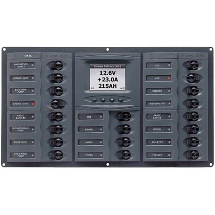 BEP CBrkr Pnl DC 12V 20X SPole 5 x 5A 6 x 10A 7 x 15A 1 x 20A 1 x 30A Vertical W/DC Color Sys Monito