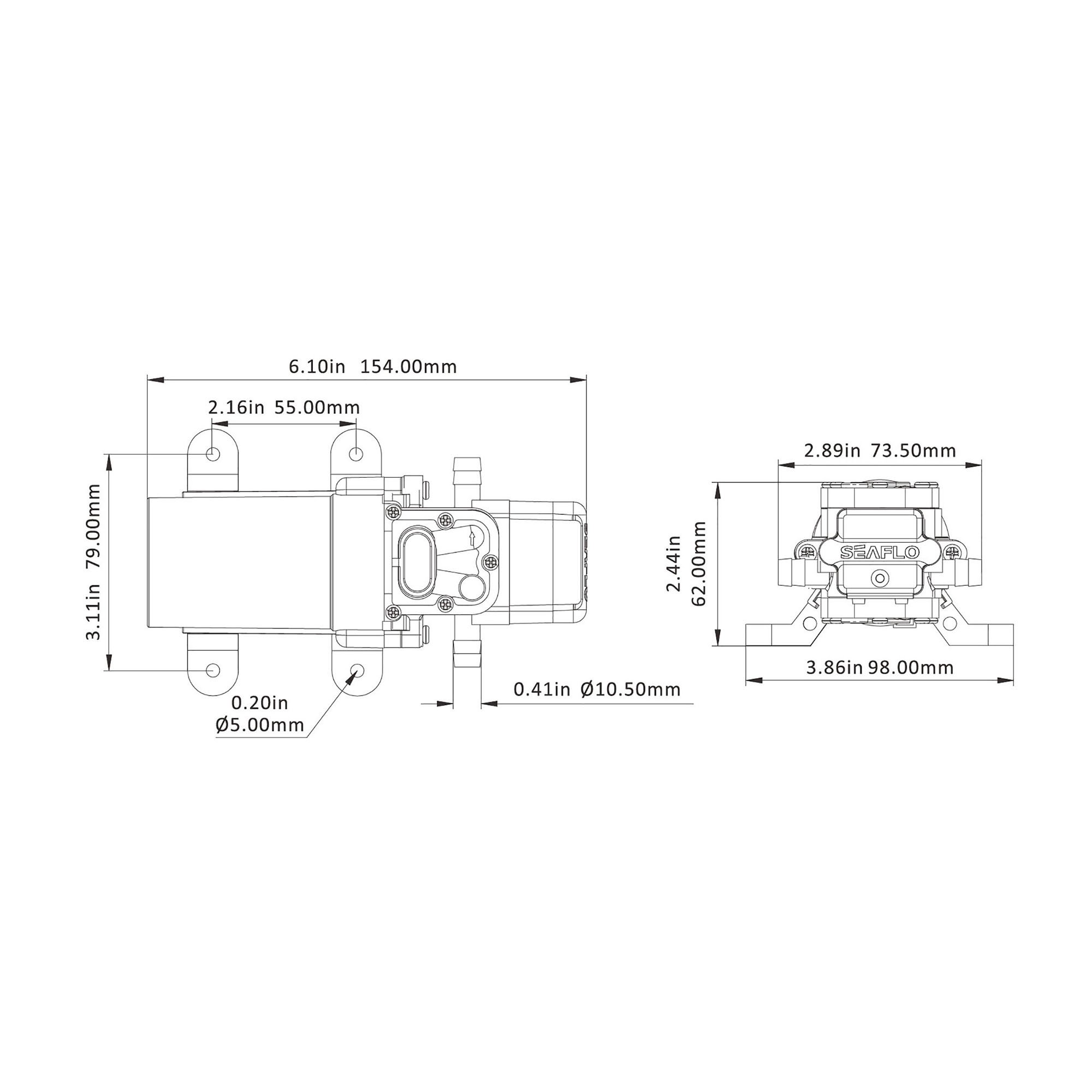 Technical Diagram: Seaflo Water Pressure Pump - 21 Series   24V   1.0 GPH / 3.8 LPH
