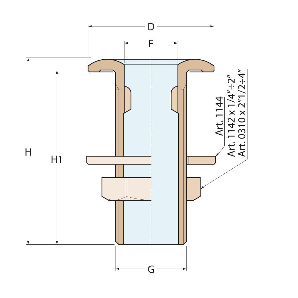 Technical Diagram: Guidi Chrome Plated Thru-Hull Connection 1/2 in