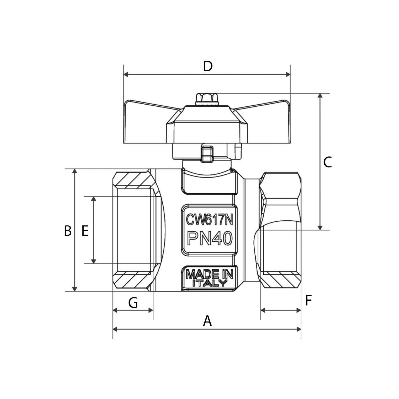 Technical Diagram: BlueGee Nickel Plated Brass Female/Female Tee Ball Valve 1 1/4 in