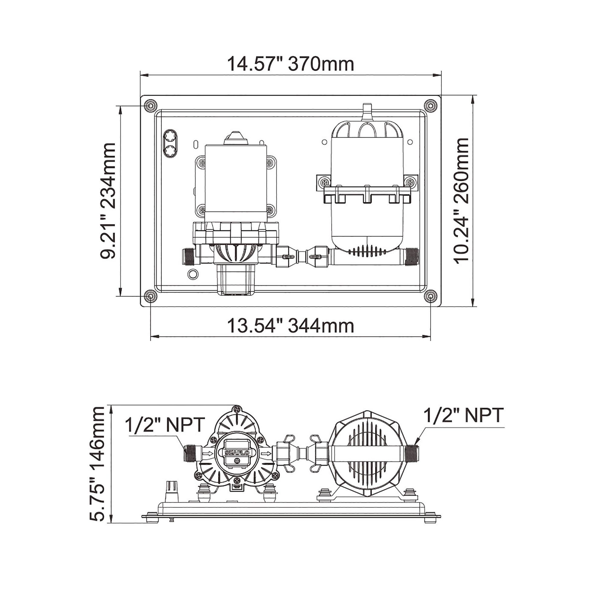 Technical Diagram: Seaflo 33 Series Pump with Integrated 0.75 L Accumulator Tank 12V Technical Diagram: Seaflo 33 Series Pump with Integrated 0.75 L Accumulator Tank 12V