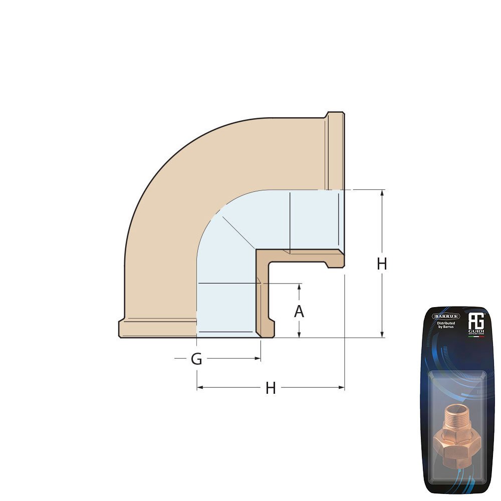 Technical Diagram: Guidi Brass 90° Elbow F-F 3/4 in - Retail Pack Technical Diagram: Guidi Brass 90° Elbow F-F 3/4 in - Retail Pack