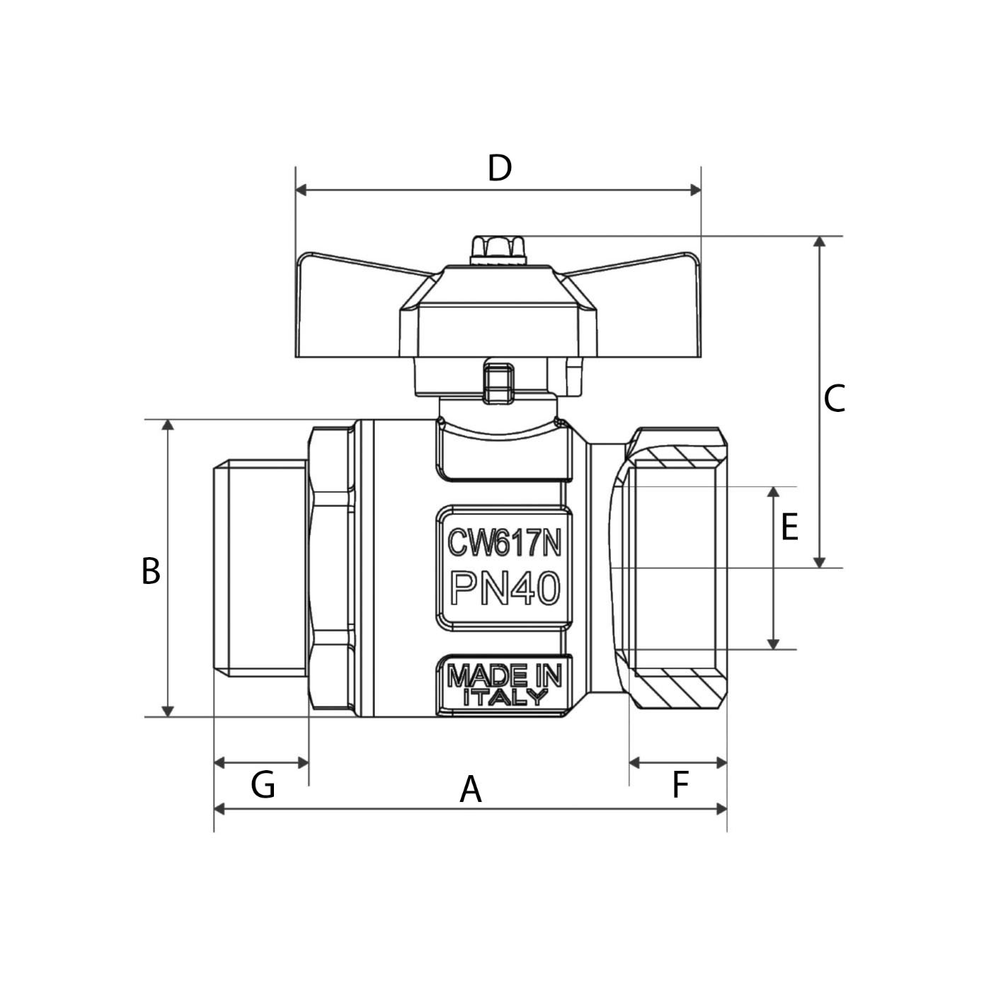 Technical Diagram: BlueGee Nickel Plated Brass Male/Female Tee Ball Valve 3/8 in