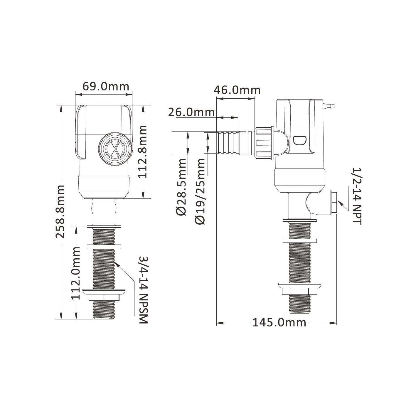 Technical Diagram: Seaflo Livewell/Baitwell Pump 12V   800 GPH / 3028 LPH